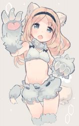 Rule 34 | 10s, 1girl, :o, aleksandra i. pokryshkin, animal ears, animal hands, bear ears, bear tail, blonde hair, blue eyes, brave witches, breasts, claws, cleavage, fang, groin, hairband, long hair, navel, okayu (headless), ribbon trim, simple background, small breasts, solo, strike witches, tail, world witches series