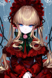 Rule 34 | 1girl, artist name, blue background, blue eyes, bow, bowtie, brown hair, dress, flower, green bow, green bowtie, highres, long hair, long sleeves, looking at viewer, own hands together, pink flower, pink rose, red dress, rose, rozen maiden, sheya, shinku, signature, smile, solo, twintails, upper body