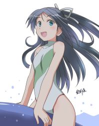 Rule 34 | 1girl, black hair, commentary request, flat chest, green eyes, green one-piece swimsuit, hair ribbon, half updo, halterneck, highres, kantai collection, katsuragi (kancolle), long hair, looking at viewer, one-piece swimsuit, osamada meika, ponytail, ribbon, riding, signature, simple background, smile, solo, striped clothes, striped one-piece swimsuit, swimsuit, thighs, turtleneck, water, white background, white one-piece swimsuit