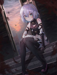 Rule 34 | 1girl, aqua eyes, arm belt, arm support, bad id, bad pixiv id, bandaged arm, bandages, bare shoulders, belt, belt buckle, black belt, black footwear, black gloves, black panties, black shirt, blood, bloody bandages, boots, buckle, building, closed mouth, cloud, commentary request, crop top, dirty, dirty face, dutch angle, evening, expressionless, fate/grand order, fate (series), fingerless gloves, gloves, gradient sky, grey hair, hair between eyes, halterneck, hand on own thigh, highres, jack the ripper (fate/apocrypha), knees together feet apart, looking away, looking down, medium hair, outdoors, panties, pixiv fate/grand order contest 2, scar, scar across eye, scar on face, scarf, scarf over mouth, shirt, shoulder tattoo, single glove, sitting, sky, sleeveless, sleeveless shirt, solo, stairs, sye, tattoo, thigh boots, thighhighs, turtleneck, underwear