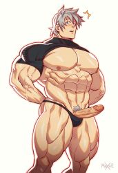 Rule 34 | 1boy, abs, alternate muscle size, alternate pectoral size, arms behind back, bara, bare pectorals, black male swimwear, blue eyes, blush, clothing aside, erection, fate/grand order, fate (series), feet out of frame, highres, large pectorals, looking at viewer, male focus, male pubic hair, male swimwear, male underwear, male underwear aside, mavex art, muscular, muscular male, nipples, pectorals, penis, percival (fate), pubic hair, short hair, shrug (clothing), solo, standing, stomach, thick thighs, thighs, underwear, veins, veiny penis, white hair