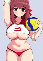 Rule 34 | 1girl, absurdres, areola slip, ass, ball, bandaged fingers, bandages, blush, breasts, brown eyes, brown hair, cleavage, collar, collared shirt, commentary request, cowboy shot, elbow pads, girls und panzer, grey background, hand up, headband, highres, holding, holding ball, kondou taeko, large breasts, looking at viewer, medium hair, navel, open mouth, panties, red headband, red panties, shirt, simple background, skindentation, solo, sportswear, standing, stomach, sweat, taut clothes, thigh gap, thighs, underboob, underwear, volleyball (object), volleyball uniform, yabai gorilla