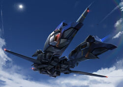 Rule 34 | absurdres, alternate form, blue sky, brayanong999, cloud, commentary, contrail, day, flying, from below, gundam, gundam sentinel, highres, machinery, mecha, mecha focus, no humans, outdoors, realistic, robot, science fiction, sky, sun, thrusters, zeta plus, zeta plus a1