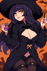 1girl aseprite_(medium) bat_(animal) black_panties breasts cleavage cowboy_shot halloween hat highres jack-o&#039;-lantern large_breasts long_hair long_sleeves looking_at_viewer navel netsu_kazegawa outdoors panties pantyhose pixel_art purple_hair solo underwear very_long_hair witch_hat yellow_eyes yumykon yumyverse