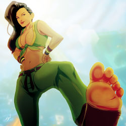 Rule 34 | 1girl, ankle wrap, asymmetrical hair, belt, black hair, brazil, breasts, capcom, cleavage, cornrows, feet, front-tie top, hands on own hips, laura matsuda, navel, scamwich, soles, solo, stomach, street fighter, street fighter v, sunlight, toes, vest, wristband