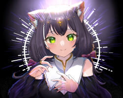 Rule 34 | 1girl, animal ear fluff, animal ears, bare shoulders, blush, bow, cat ears, cat girl, closed mouth, collar, commentary request, cross, cross hair ornament, cross necklace, detached sleeves, dress, eyelashes, green eyes, hair ornament, hands up, highres, jewelry, karyl (princess connect!), long hair, looking at viewer, multicolored hair, necklace, princess connect!, purple bow, purple dress, purple hair, purple sleeves, shiroue tomari, sidelocks, smile, solo, split mouth, streaked hair, twintails, upper body, white collar, white hair