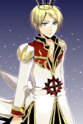 Rule 34 | 1boy, black coat, blonde hair, blue background, blue eyes, closed mouth, coat, commentary request, cowboy shot, crown, gradient background, high priest (ragnarok online), holding, long sleeves, looking at viewer, male focus, ragnarok online, sasai saki, short hair, smile, solo, white coat