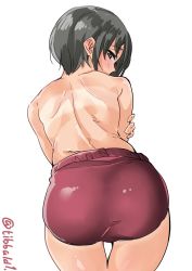 Rule 34 | 1girl, ass, bad id, bad twitter id, black hair, blush, brown eyes, buruma, cowboy shot, ebifurya, from behind, hand on own arm, highres, inactive account, kantai collection, looking at viewer, looking back, nagara (kancolle), profile, short hair, simple background, solo, thigh gap, topless, twitter username, white background