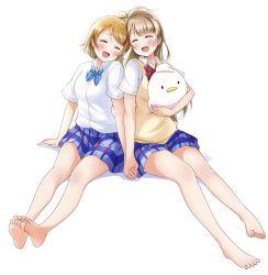 2girls :d ^_^ bare_legs barefoot blue_bow blue_bowtie blue_skirt blunt_bangs blush bow bowtie breasts brown_hair brown_sweater_vest closed_eyes collared_shirt commentary_request diagonal-striped_bow diagonal-striped_bowtie diagonal-striped_clothes dress_shirt full_body highres holding_hands kiryu_(sora_no_iroto) koizumi_hanayo long_hair love_live! love_live!_school_idol_project medium_breasts medium_hair minami_kotori minami_kotori_(bird) miniskirt multiple_girls open_mouth otonokizaka_school_uniform plaid_clothes plaid_skirt pleated_skirt red_bow red_bowtie school_uniform shirt short_sleeves side-by-side simple_background single_hair_ring sitting skirt smile soles striped_clothes stuffed_animal stuffed_bird stuffed_toy summer_uniform sweater_vest swept_bangs white_background white_shirt