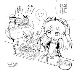 Rule 34 | &gt; &lt;, 10s, 1boy, 3girls, admiral (kancolle), amatsukaze (kancolle), apron, artist name, carrot, chopping, closed mouth, crop top, crop top overhang, cropped, detached sleeves, closed eyes, faceless, faceless male, greyscale, hairband, heart, herada mitsuru, kantai collection, knife, long hair, long sleeves, monochrome, multiple girls, onion, open mouth, plate, rensouhou-chan, rensouhou-kun, school uniform, serafuku, shimakaze (kancolle), short hair, translation request, two side up, yukikaze (kancolle)