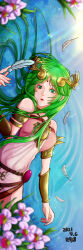 Rule 34 | 1girl, absurdres, alternate color, breasts, chain, dated, diadem, dress, eva02asuka0608, feathers, flower, gold chain, green eyes, green hair, highres, kid icarus, kid icarus uprising, lying, medium breasts, nintendo, palutena, purple flower, ripples, solo, sparkle, strapless, strapless dress, super smash bros., water