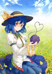 Rule 34 | 1girl, absurdres, adapted costume, alternate hair length, alternate hairstyle, black hat, blouse, blue hair, blue skirt, blurry, blurry foreground, bow, bowtie, breasts, closed mouth, cloud, commentary request, cosplay, day, eyeball, field, flower, flower field, food, frilled shirt collar, frilled sleeves, frills, fruit, grass, green bow, green bowtie, hat, hat ribbon, heart, heart of string, highres, hinanawi tenshi, holding, juliet sleeves, kneeling, komeiji koishi, komeiji koishi (cosplay), lily (flower), long sleeves, looking at viewer, medium breasts, medium hair, peach, petals, puffy sleeves, rainbow order, red eyes, ribbon, shirt, skirt, sky, smile, solo, touhou, white shirt, wide sleeves, yellow flower, yellow ribbon, zha cha jiang
