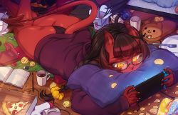 Rule 34 | 1girl, ahoge, ass, black hair, black panties, book, braid, chips (food), colored skin, cup, demon girl, demon horns, demon tail, food, fork, glasses, hair ornament, hair scrunchie, handheld game console, highres, holding, holding handheld game console, hood, hood down, hoodie, horns, indoors, long hair, long sleeves, lying, meruccubus (merunyaa), merunyaa, messy room, nintendo switch, no pants, on stomach, open book, original, panties, pen, pillow, pizza, pizza slice, plate, potato chips, red skin, scrunchie, solo, tail, underwear, used tissue, yellow eyes