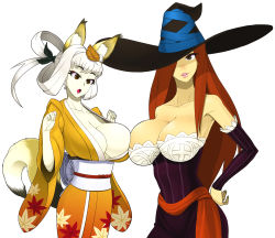 Rule 34 | 2girls, :o, animal ears, artist request, asymmetrical docking, bare shoulders, breast press, breasts, brown eyes, brown hair, cleavage, company connection, cowboy shot, crossover, detached sleeves, dragon&#039;s crown, dress, eyeshadow, fingernails, fox ears, from side, gloves, grin, hair ribbon, hair rings, hand on own hip, hat, hat over one eye, hat ribbon, highres, huge breasts, japanese clothes, kimono, kongiku, lace, leaf, leaf on head, leaf print, lips, lipstick, long fingernails, long hair, long sleeves, looking down, makeup, multiple girls, no bra, obi, object on head, oboro muramasa, one eye covered, pale skin, pink lips, red hair, ribbon, sash, simple background, smile, sorceress (dragon&#039;s crown), standing, strapless, strapless dress, striped, vanillaware, very long hair, white background, white hair, wide sleeves, witch hat