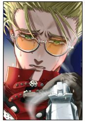 Rule 34 | 1boy, black gloves, blonde hair, coat, crying, crying with eyes open, gloves, green eyes, highres, mamoyarou, open mouth, red coat, sad, solo, sunglasses, tears, teeth, trigun, vash the stampede
