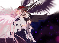 Rule 34 | 2girls, akemi homura, akuma homura, argyle, argyle clothes, argyle legwear, bare shoulders, between legs, black dress, black gloves, black hair, black theme, black wings, blurry, blurry background, breasts, choker, collarbone, covered navel, detached collar, dress, elbow gloves, evil smile, eye contact, face-to-face, feathered wings, floating, floating hair, frilled sleeves, frills, full body, gloves, grey legwear, hair ribbon, hakusai (tiahszld), half-closed eyes, hand on another&#039;s waist, highres, holding hands, interlocked fingers, kaname madoka, layered dress, long dress, long hair, looking at another, mahou shoujo madoka magica, mahou shoujo madoka magica: hangyaku no monogatari, multiple girls, parted lips, pink hair, pink legwear, purple eyes, purple theme, red ribbon, ribbon, side-by-side, simple background, small breasts, smile, strapless, strapless dress, thighhighs, transparent wings, two side up, ultimate madoka, very long hair, white background, white choker, white dress, white footwear, white gloves, white neckwear, white ribbon, wide sleeves, winged footwear, wings, yellow eyes, yuri, zettai ryouiki