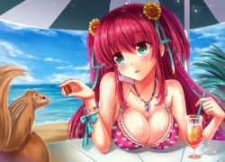 Rule 34 | 1girl, aqua eyes, bad id, bad pixiv id, beach, bikini, blush, breasts, cellphone, chipmunk, cleavage, cloud, cocktail, day, drink, jewelry, large breasts, long hair, miazi, necklace, ocean, original, outdoors, phone, pink bikini, red hair, sky, smartphone, smile, solo, squirrel, swimsuit, table, twintails, umbrella, water