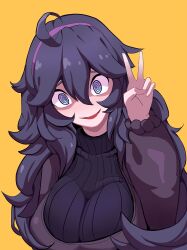 Rule 34 | 1girl, :d, @ @, ahoge, blue eyes, breasts, cleavage, creatures (company), dress, game freak, hair between eyes, hex maniac (pokemon), highres, hsien, large breasts, long dress, looking at viewer, messy hair, mixed-language commentary, nintendo, open mouth, orange background, partially shaded face, pokemon, pokemon xy, purple dress, purple eyes, purple hair, ribbed sweater, shaded face, smile, solo, sweater, upper body, v