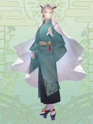 Rule 34 | 1boy, ame tyaya, antlers, asa no ha (pattern), black footwear, branch, brown hair, brown sash, cape, clenched hand, closed mouth, dairoku ryouhei, flower, flower knot, full body, green background, green eyes, green kimono, hand up, highres, holding, holding branch, horns, japanese clothes, kimono, looking at viewer, nonose wa, okobo, pink flower, sandals, seigaiha, short bangs, short hair, sidelocks, smile, solo, standing, white cape