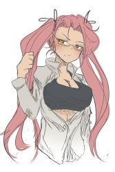Rule 34 | 1girl, blush, breasts, brown eyes, cleavage, glasses, highschool of the dead, long hair, navel, open clothes, open shirt, parted lips, pink hair, solo, standing, takagi saya, twintails