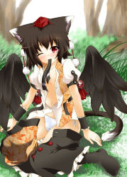 Rule 34 | 1girl, animal ears, black hair, black thighhighs, black wings, blush, cat ears, cat girl, cat tail, clothes pull, day, female focus, flat chest, highres, kemonomimi mode, large wings, looking at viewer, minase tamaki, mouth hold, no bra, one eye closed, open mouth, outdoors, panties, pantyshot, red eyes, shameimaru aya, short hair, side-tie panties, skirt, skirt pull, solo, tail, thighhighs, touhou, underwear, white panties, wings, wink