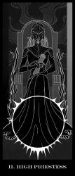 Rule 34 | 1girl, armor, black dress, dark souls (series), dark souls i, dark souls iii, dress, evilyunia, from software, highres, monochrome, painttool sai (medium), scroll, sitting, tarot, the high priestess (tarot), throne, yuria of londor
