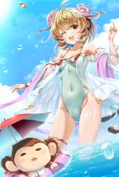 Rule 34 | 1girl, absurdres, andira (granblue fantasy), animal ears, blonde hair, blue sky, breasts, cameltoe, casual one-piece swimsuit, cloud, commentary request, covered navel, day, double bun, granblue fantasy, green one-piece swimsuit, hair bun, highres, kamishiro mai (capti-no), monkey, monkey ears, monkey girl, monkey tail, one-piece swimsuit, one eye closed, outdoors, red eyes, short hair, sky, small breasts, soaking feet, swimsuit, tail, umbrella, wading, water