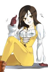 Rule 34 | 1girl, ass, bodysuit, breasts, brown eyes, brown hair, choker, commentary request, corset, final fantasy, final fantasy ix, garnet til alexandros xvii, gloves, grin, groin, highres, jewelry, legs, long hair, looking at viewer, medium breasts, necklace, orange bodysuit, simple background, sitting, smile, solo, teeth, white background