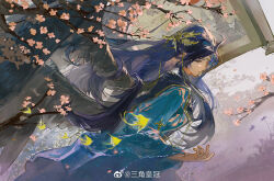 Rule 34 | 1boy, bishounen, black wings, cherry blossoms, chinese clothes, lovebrush chronicles, hanfu, highres, long hair, long sleeves, male focus, muyihui, clarence clayden, solo, wide sleeves, wings