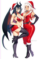 Rule 34 | 2girls, ass, bare shoulders, belt, bikini, bikini top only, black belt, black footwear, black gloves, black legwear, blue eyes, blue hair, boots, borrowed character, breasts, christmas, collarbone, colored inner hair, dragon girl, dragon horns, dragon tail, dragon wings, elbow gloves, full-length zipper, full body, fur-trimmed bikini, fur-trimmed headwear, fur trim, gloves, gradient hair, grey eyes, hair between eyes, hand on own hip, hat, heterochromia, high heel boots, high heels, highres, horns, hug, jumpsuit, knee boots, large breasts, long hair, looking at viewer, lulu-chan92, microskirt, multicolored hair, multiple girls, nail polish, navel, no bra, original, parted bangs, pink hair, pink nails, pointy ears, purple hair, red bikini, red eyes, red headwear, red jumpsuit, red skirt, santa bikini, santa hat, scar, scar across eye, scar on face, simple background, skirt, sleeveless, standing, standing on one leg, swimsuit, tail, thigh boots, thighhighs, twitter username, unzipped, very long hair, white background, white hair, wings, zipper, zipper pull tab