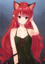 Rule 34 | 1girl, alternate hairstyle, animal ears, blue background, braid, cat ears, cat tail, collarbone, commentary, dress, extra ears, eyelashes, gradient background, green dress, hair down, hand in own hair, highres, kaenbyou rin, kanpa (campagne 9), light blush, long hair, looking at viewer, nekomata, off shoulder, parted lips, red eyes, red hair, red ribbon, ribbon, simple background, sleeveless, sleeveless dress, solo, sundress, tail, touhou, twin braids, very long hair