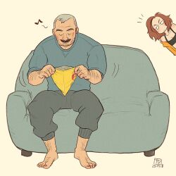 Rule 34 | 1boy, 1girl, aaron gruber (o natsuo88), arm hair, barefoot, beard stubble, black tank top, blue eyes, blue sweater, breasts, chips (food), cleavage, closed eyes, couch, facial hair, facial scar, food, full body, grey hair, grey pants, holding, holding food, jacket, leg hair, looking at another, mature male, medium hair, musical note, mustache, notice lines, o natsuo88, old, old man, on couch, orange jacket, original, out of frame, pants, potato chips, receding hairline, red hair, scar, scar on cheek, scar on face, shirt, short hair, sitting, small breasts, smile, stubble, sweater, sweatpants, tank top, thick eyebrows, thick mustache, wavy hair, wrinkled skin, yellow background