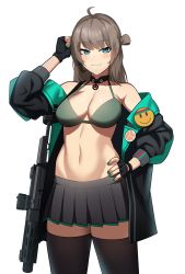 Rule 34 | 1girl, aac honey badger, advanced armament corporation, ahoge, assault rifle, bikini, bikini top only, black gloves, black jacket, black thighhighs, blue eyes, blush, breasts, brown hair, carbine, cero (last2stage), choker, commission, fingerless gloves, girls&#039; frontline, gloves, green nails, gun, hand on own hip, headset, highres, honey badger (girls&#039; frontline), integral suppressor, integrally-suppressed firearm, jacket, large breasts, long hair, midriff, nail polish, navel, off shoulder, open clothes, open jacket, personal defense weapon, pin, pixiv commission, pleated skirt, q (firearms company), rifle, simple background, skirt, smile, solo, suppressor, swimsuit, thighhighs, weapon, white background