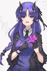 Rule 34 | 1girl, arknights, black gloves, braid, breasts, flower, gloves, hibiscus, hibiscus (arknights), hibiscus the purifier (arknights), highres, holding, holding flower, horns, jacket, large breasts, long hair, long sleeves, mabing, open clothes, open jacket, open mouth, pointy ears, purple eyes, purple hair, shirt, simple background, smile, solo, very long hair