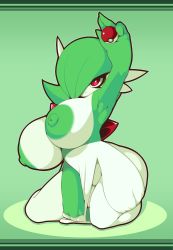 Rule 34 | 1girl, absurdres, breasts, breasts out, colored nipples, colored skin, creatures (company), game freak, gardevoir, gen 3 pokemon, green hair, green nipples, green skin, hair over one eye, highres, huge breasts, large areolae, monster girl, mystical (plantpenetrator), navel, nintendo, nipples, no humans, poke ball, pokemon, pokemon (creature), solo, stomach