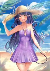 Rule 34 | 1girl, absurdres, alternate costume, beach, black hair, blue sky, blunt bangs, blush, bracelet, breasts, cloud, commentary request, covered navel, cowboy shot, dappled sunlight, day, demon girl, demon horns, demon tail, dress, hand on headwear, hat, highres, horizon, horns, horns through headwear, jewelry, kojo anna, long hair, looking at viewer, medium bangs, medium breasts, multicolored hair, nanashi inc., ocean, open mouth, outdoors, palm tree, pointy ears, purple dress, purple hair, robou no stone, sand, sky, sleeveless, sleeveless dress, smile, solo, straw hat, sun hat, sunlight, tail, tree, twintails, two-tone hair, virtual youtuber, water, yellow eyes