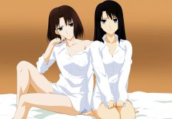 Rule 34 | 2girls, absurdres, bare shoulders, barefoot, bed, bed sheet, black hair, blue eyes, blush, bottomless, breasts, brown hair, buttons, cleavage, clenched hands, dress shirt, embarrassed, feet, frown, gradient background, grey eyes, hands on thighs, head rest, highres, indoors, kara no kyoukai, kikuchi shun&#039;ya, kokutou azaka, large breasts, legs, looking at viewer, looking away, multiple girls, no bra, non-web source, off shoulder, official art, orange background, parted bangs, ryougi shiki, seiza, shirt, sitting, thigh gap, vector trace, white shirt