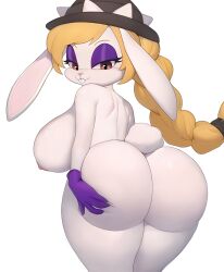 Rule 34 | 1girl, ass, big breasts, blonde hair, braid, braided ponytail, breasts, brown eyes, buck teeth, bunny girl, capikeeta, curvy, female focus, furry, gloves, hariet (mario), hat, large breasts, mario (series), nintendo, nude, purple gloves, rabbit ears, simple background, super mario odyssey, tail, teeth, thick thighs, thighs, white background
