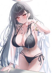 Rule 34 | 1girl, bikini, black bikini, black hair, black halo, blue archive, blush, breasts, bright pupils, cleavage, closed mouth, collarbone, halo, highres, large breasts, long hair, looking at viewer, nano (blueoekaki), red eyes, rio (blue archive), see-through, see-through shirt, shirt, simple background, solo, swimsuit, upper body, white background, white pupils, white shirt