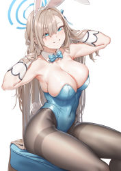 Rule 34 | 1girl, animal ears, arms up, asuna (blue archive), asuna (bunny) (blue archive), bare shoulders, blonde hair, blue archive, blue eyes, blush, bow, bowtie, breasts, cleavage, commentary request, covered navel, detached collar, fake animal ears, fake tail, fangxiang cuoluan, gloves, hair over one eye, halo, highleg, highleg leotard, highres, large breasts, leotard, long hair, looking at viewer, mole, mole on breast, pantyhose, playboy bunny, rabbit ears, rabbit tail, simple background, smile, solo, strapless, strapless leotard, tail, thighband pantyhose, traditional bowtie, very long hair, white gloves