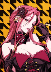 Rule 34 | 10s, 1girl, bad id, bad pixiv id, bare shoulders, black gloves, breasts, cleavage, flower, gloves, houndstooth, idolmaster, idolmaster cinderella girls, large breasts, long hair, looking at viewer, matsuryuu, red eyes, red hair, riding crop, rose, smile, tongue, tongue out, zaizen tokiko