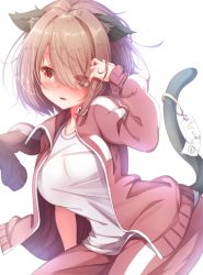 Rule 34 | 1girl, animal ears, blush, breasts, brown hair, brown jacket, brown pants, cat day, cat ears, cat girl, cat tail, commentary request, eyes visible through hair, hair over one eye, hand up, hoshino miyako (wataten), jacket, kemonomimi mode, large breasts, long sleeves, looking away, matokechi, open clothes, open jacket, pants, parted lips, red eyes, shirt, simple background, solo, tail, tail raised, track jacket, track pants, track suit, watashi ni tenshi ga maiorita!, wavy mouth, white background, white shirt