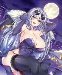 Rule 34 | 1girl, :d, arm up, armpits, bare shoulders, black coat, black thighhighs, blue eyes, breasts, cleavage, coat, cocktail dress, dress, earrings, elbow gloves, elsword, eyewear on head, full moon, fur collar, gloves, hand up, highres, jewelry, large breasts, long hair, looking at viewer, mal poi, moon, no bra, open mouth, panties, purple dress, purple gloves, side slit, sitting, sleeveless, sleeveless dress, smile, solo, strapless, strapless dress, string panties, sunglasses, thighhighs, thighs, underwear, very long hair, white hair