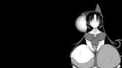 Rule 34 | 1girl, animal ears, between legs, black background, brooch, closed mouth, commentary request, dress, frown, greyscale, hand between legs, highres, imaizumi kagerou, jewelry, long hair, long sleeves, monochrome, negative space, solo, squatting, sunatoshi, tail, touhou, wolf ears, wolf tail