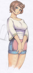 Rule 34 | 1girl, breasts, brown hair, collarbone, commentary request, covered erect nipples, cropped legs, denim, denim shorts, green eyes, holding, large breasts, looking at viewer, nemui333, original, scoop neck, shirt, short hair, short shorts, shorts, sleeves past elbows, solo, thighs, traditional media, v arms, white shirt, wide sleeves