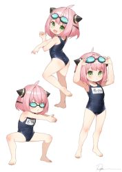 Rule 34 | 1girl, ahoge, anya (spy x family), ass, bad id, bad twitter id, barefoot, blush, child, cone hair bun, feet, goggles, goggles on head, green eyes, hair bun, highres, multiple persona, one-piece swimsuit, open mouth, pink hair, ryota (ry o ta), school swimsuit, short hair, simple background, smile, spy x family, stretching, swimsuit, white background