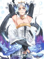 Rule 34 | 1girl, armor, armored dress, armpits, bare shoulders, breasts, choker, cleavage, crown, drawfag, dress, elbow gloves, feathers, gloves, gwendolyn (odin sphere), hair ornament, kango67, odin sphere, polearm, pteruges, purple eyes, short hair, solo, spear, strapless, strapless dress, thighhighs, weapon, white hair
