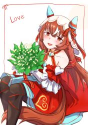 Rule 34 | 1girl, absurdres, animal ears, breasts, brown hair, collarbone, commentary request, detached sleeves, english text, flower, hair between eyes, hair ornament, highres, holding, holding flower, horse ears, horse girl, horse tail, matsuba mattsu, medium breasts, red eyes, simple background, solo, still in love (umamusume), tail, thighhighs, umamusume, veil, white background