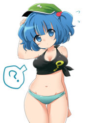 Rule 34 | 1girl, ?, blue eyes, blue hair, blush, breasts, cleavage, collarbone, female focus, flying sweatdrops, hair bobbles, hair ornament, hat, ica, kawashiro nitori, key, matching hair/eyes, medium breasts, midriff, navel, panties, plump, shirt, short twintails, solo, tank top, tied shirt, touhou, twintails, two side up, underwear