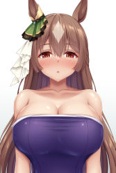 Rule 34 | 1girl, absurdres, animal ears, arms at sides, bad id, bad pixiv id, blue gemstone, blue one-piece swimsuit, blush, braid, breasts, brown hair, cleavage, clothes pull, collarbone, commentary request, competition school swimsuit, french braid, gem, hair between eyes, hair ornament, half-closed eyes, half updo, highres, horse ears, horse girl, large breasts, long hair, looking at viewer, new school swimsuit, nose blush, one-piece swimsuit, one-piece swimsuit pull, parted bangs, parted lips, red eyes, satono diamond (umamusume), school swimsuit, simple background, solo, swimsuit, tapisuke, umamusume, upper body, very long hair, white background, white hair